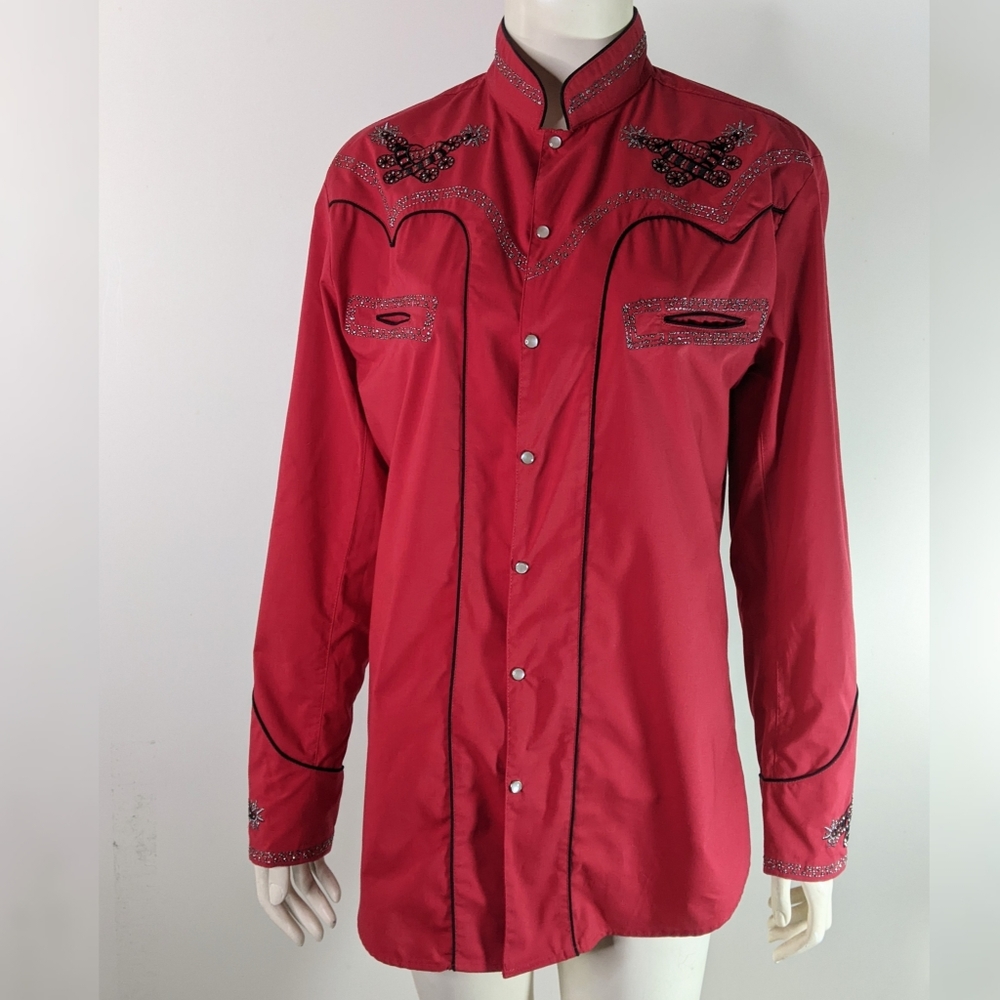 Unisex Red Western Pearl Snap Embellished Shirt Small Southwestern - Picture 4 of 11